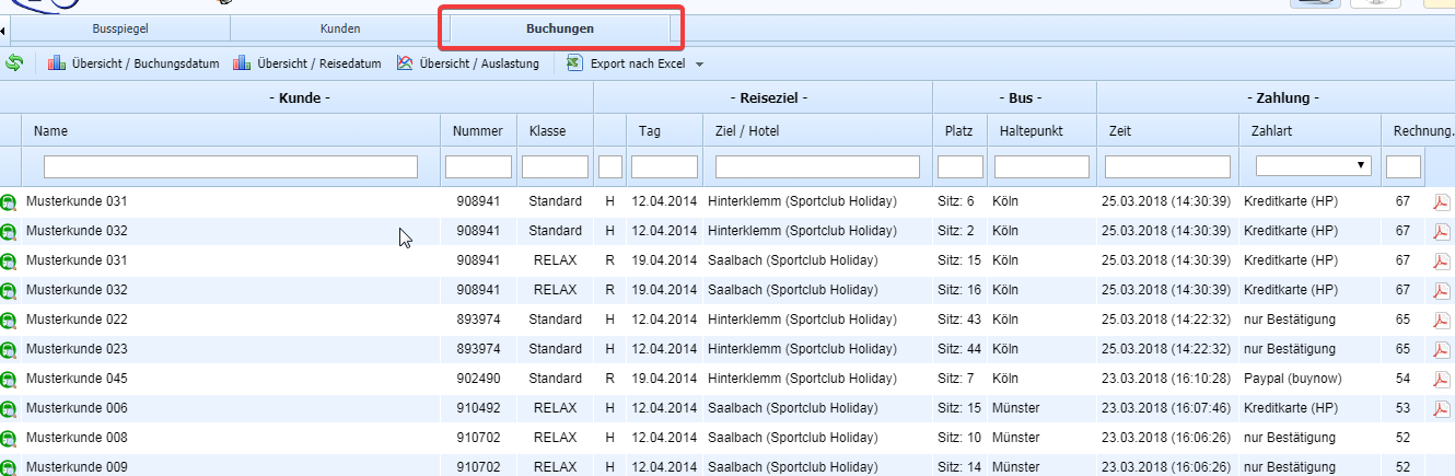 Übersicht Reservierungen